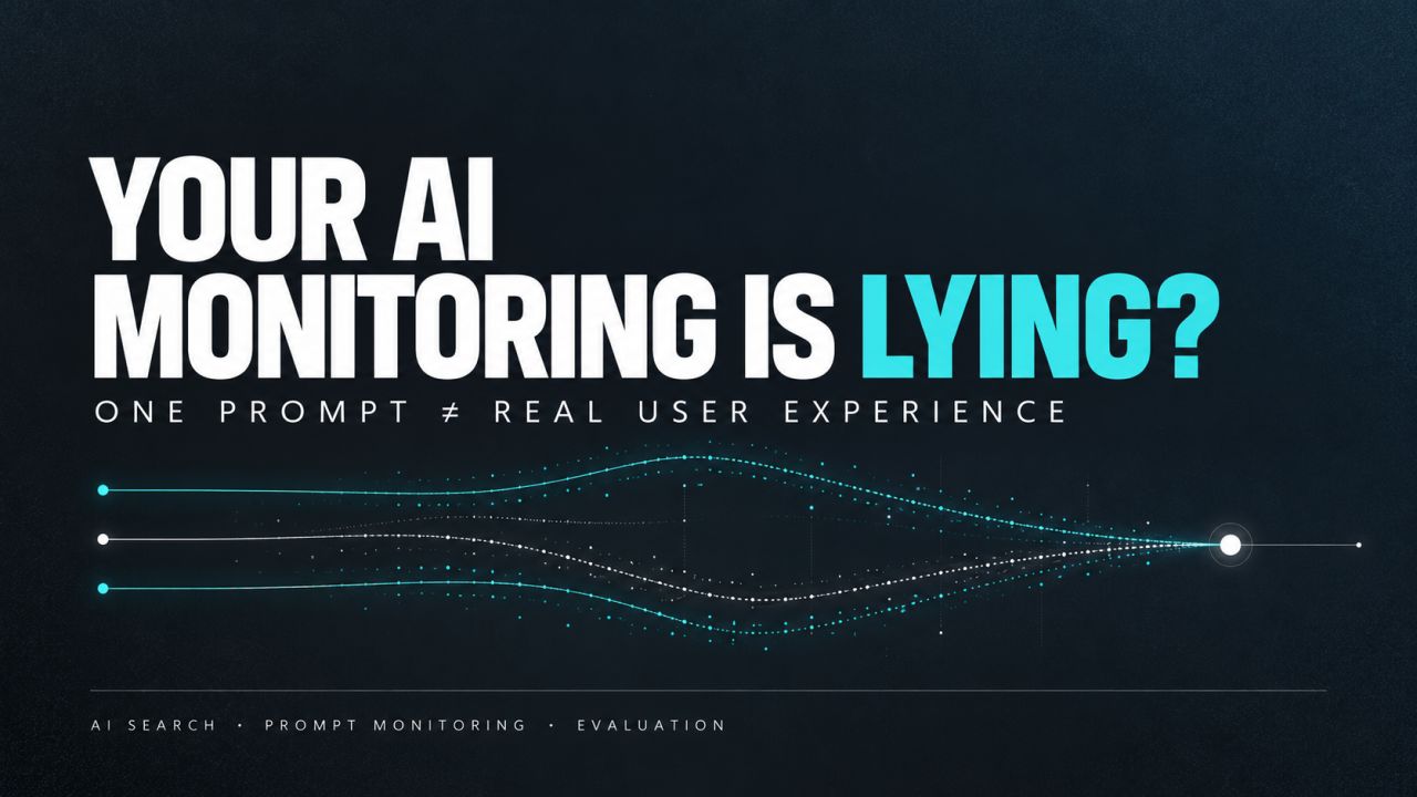 Editorial graphic reading ‘YOUR AI MONITORING IS LYING? ONE PROMPT ≠ REAL USER EXPERIENCE’ above several paths converging on one point.