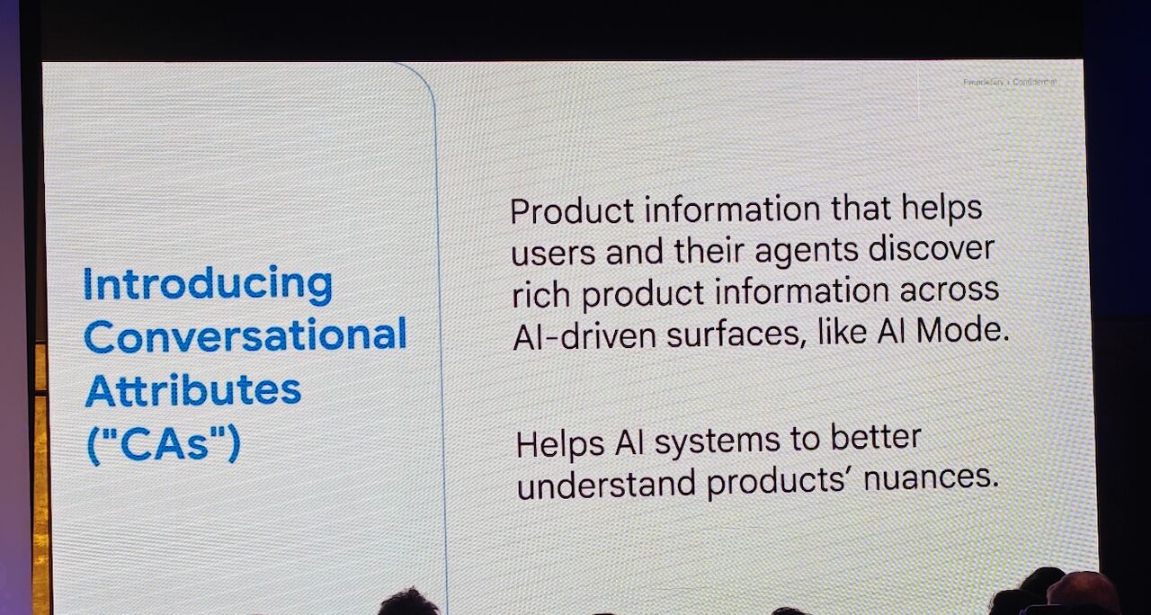 Photo of a Google Search Central Live Barcelona slide introducing conversational attributes for merchant product data.
