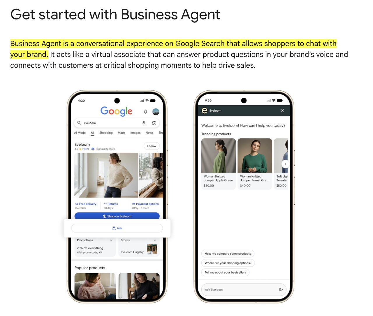 Example Google Search and brand chat screens for product discovery with Business Agent.