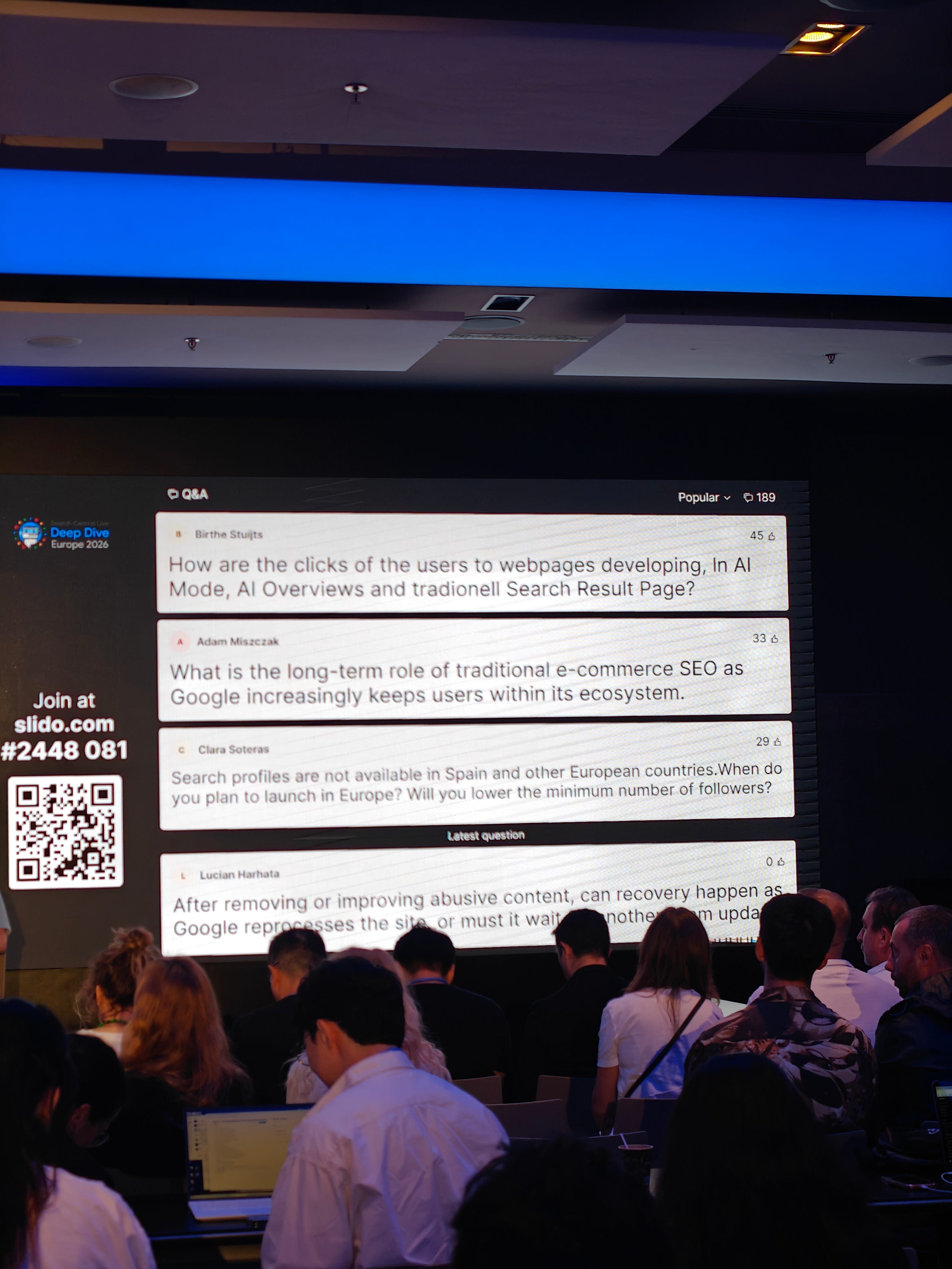 Slido screen at Google Search Central Live Deep Dive showing a question about the long-term role of e-commerce SEO as Google keeps more of the customer journey in its ecosystem.