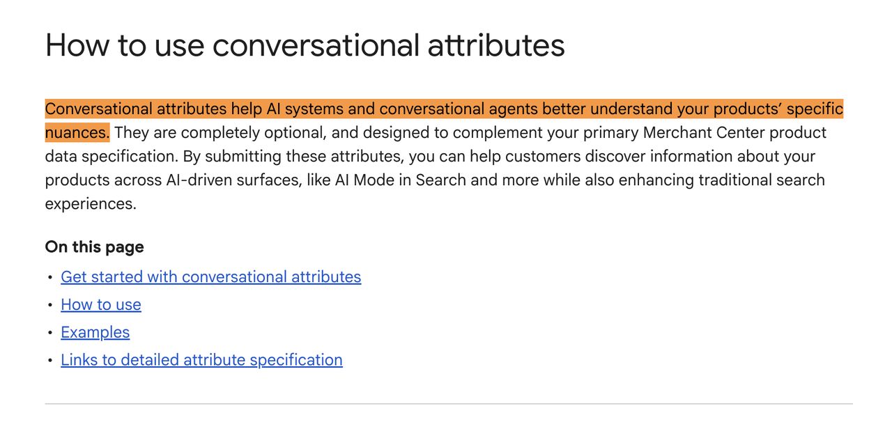 Google Merchant Center help page explaining that optional conversational attributes can help AI systems understand product nuances.