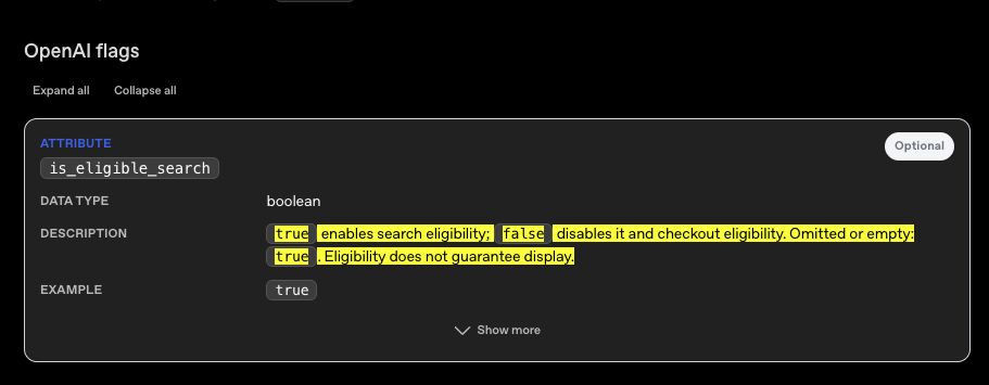 OpenAI product-feed specification showing the is_eligible_search flag and explaining that eligibility does not guarantee display.